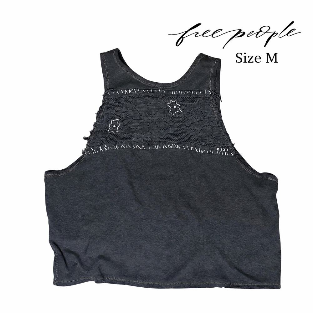 Free People We The Free Charcoal Grey Lace Inset Cropped Tank Top Womens Medium